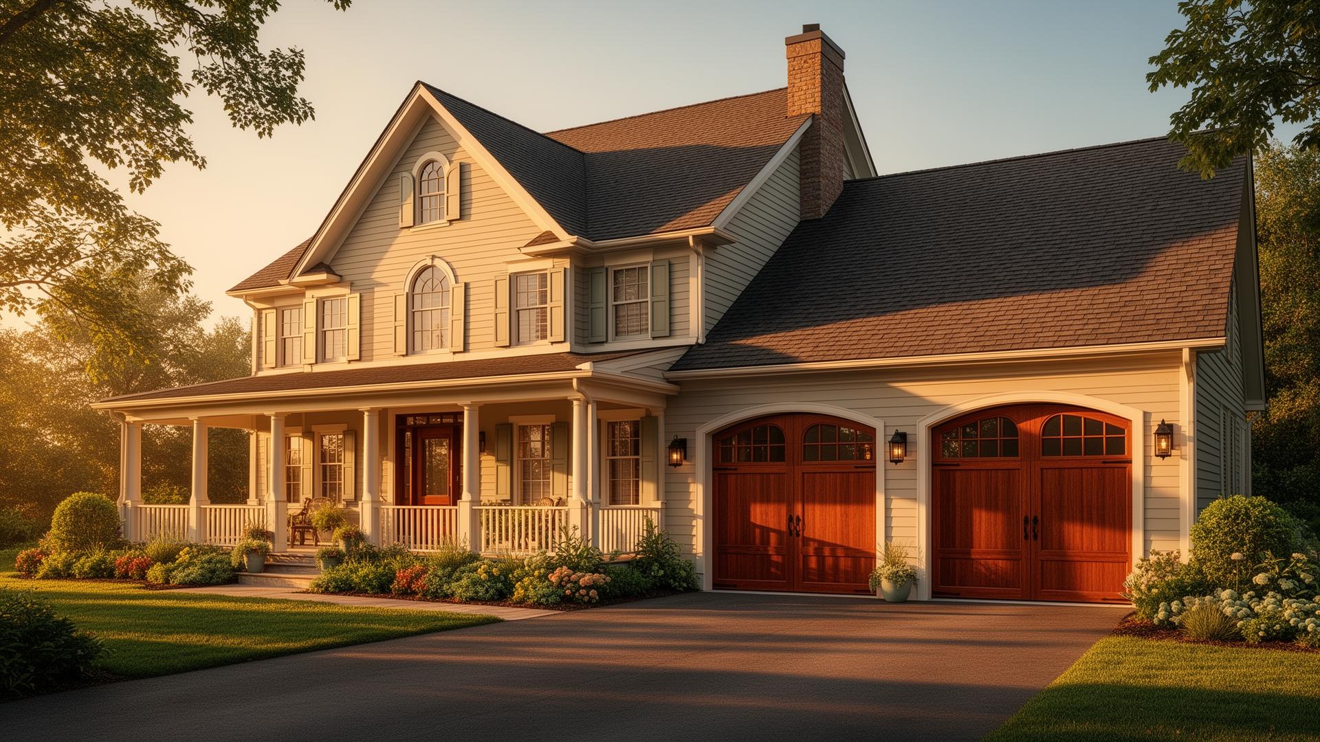 Beautiful farmhouse with elegant mahogany wood garage doors with arched windows